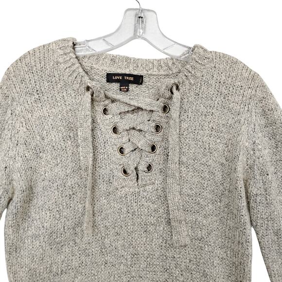Love Tree Knit Oatmeal Sweater Top Size Small Lace Up V Neck Long Sleeve - Picture 4 of 8